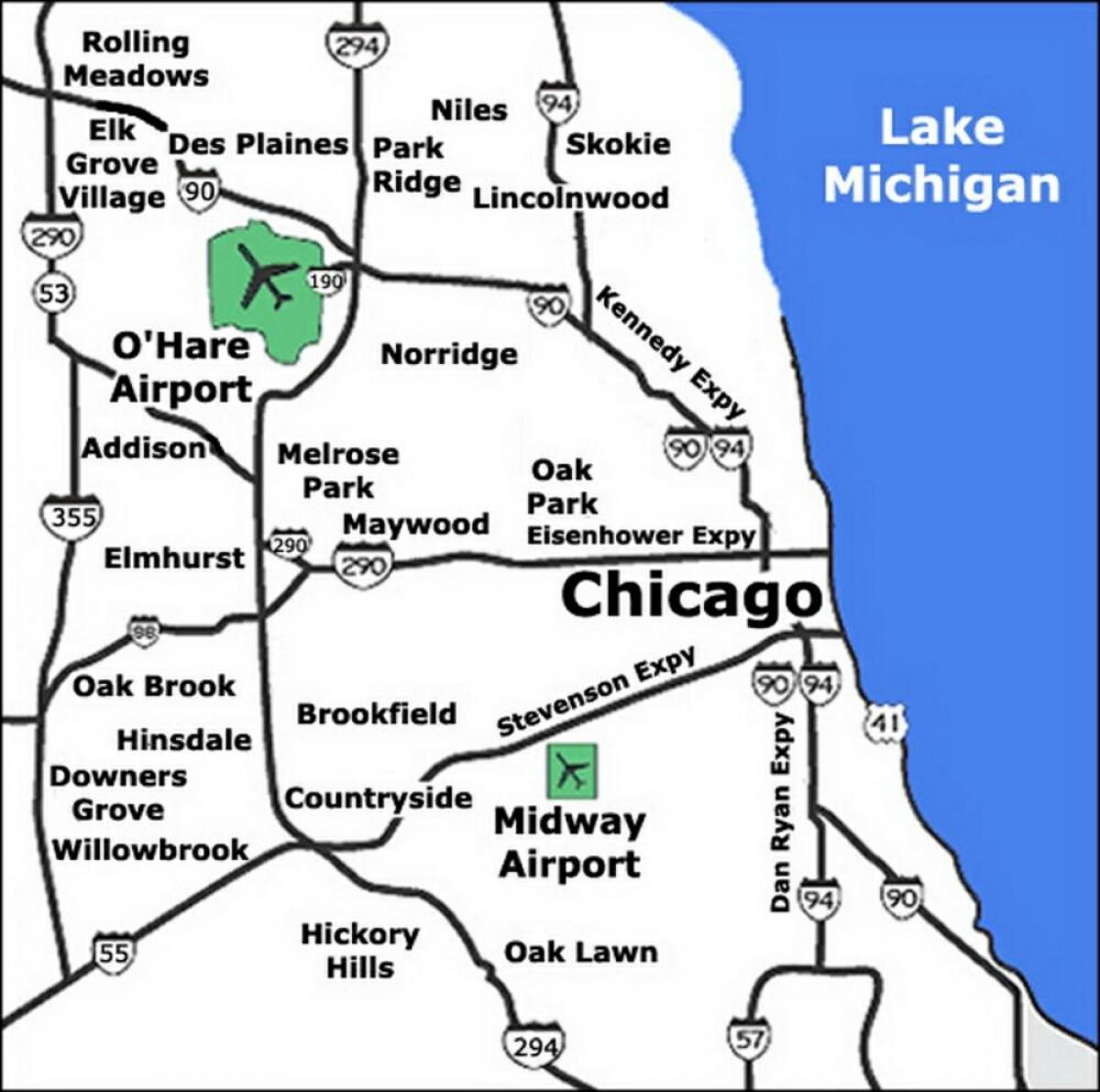 Mapa de los aeropuertos de Chicago